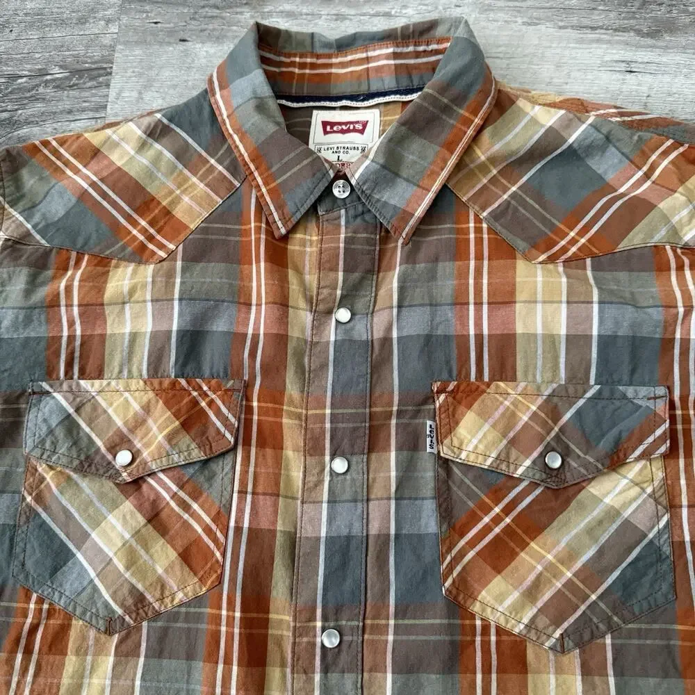 Levi’s Pearl Snap Shirt Mens Large Plaid Long Sleeve Western USA Modern Fit